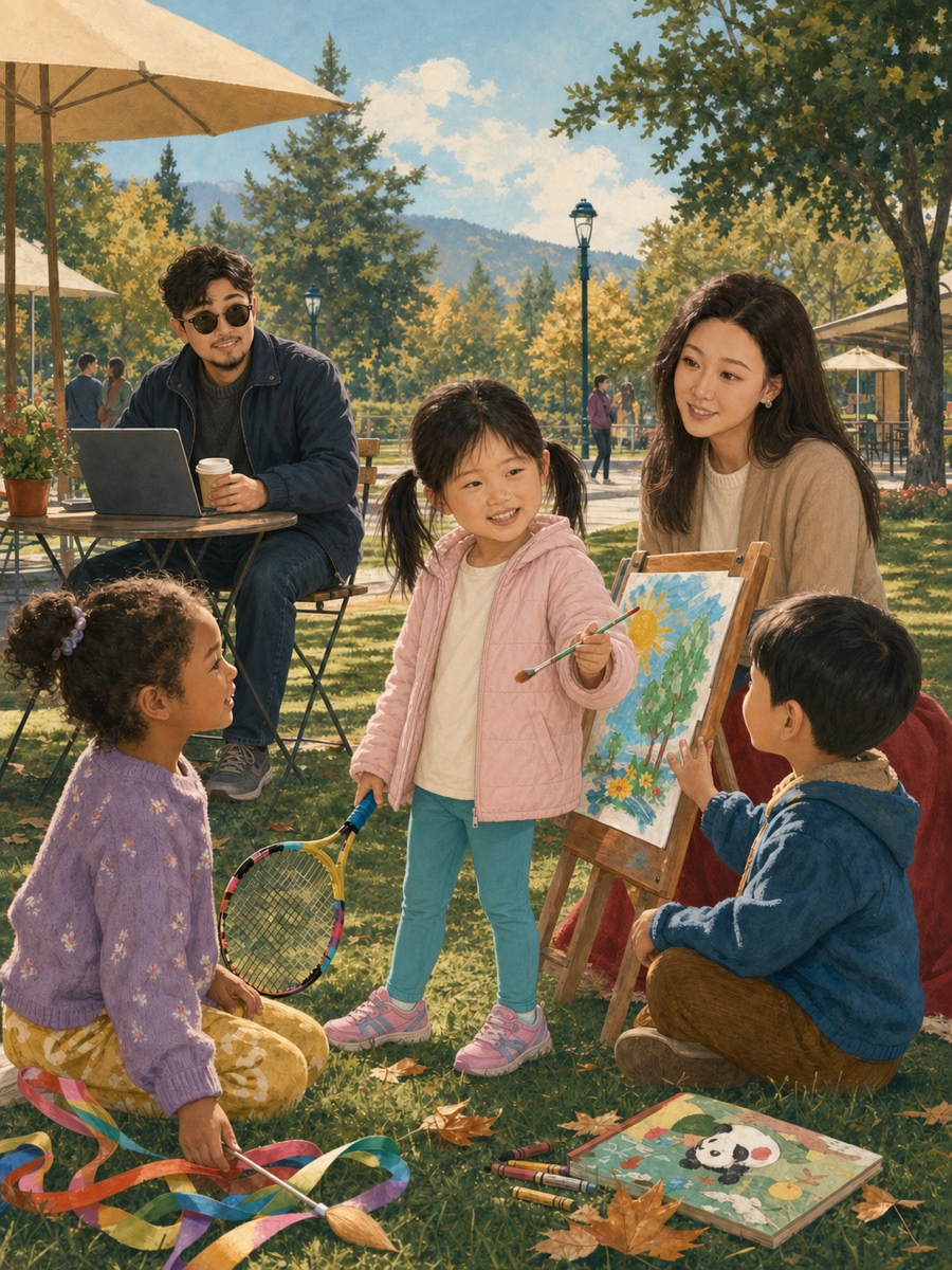 根据家庭形象重新绘制的插画：身穿日常休闲装的女儿在硅谷社区公园尝试网球和户外绘画，妈妈在身边陪伴，爸爸在不远处工作